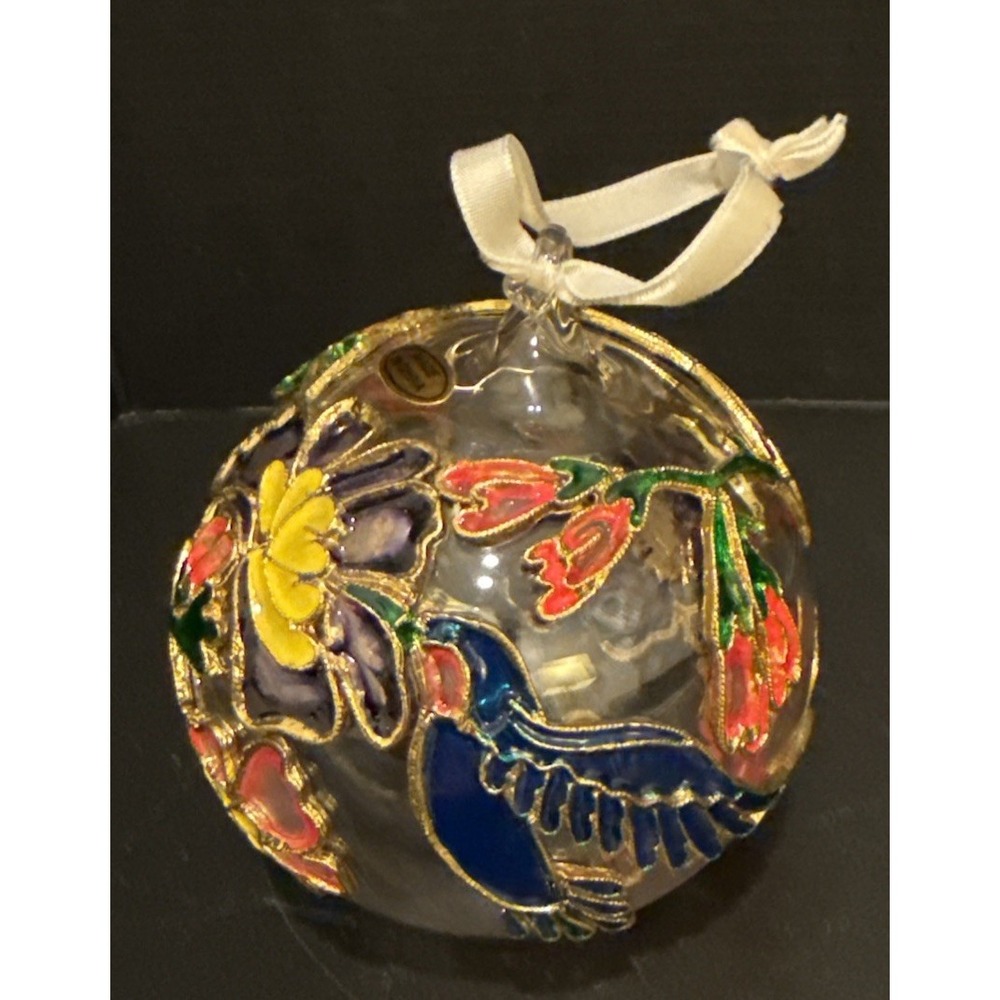 Blue Hummingbird Cloisonne‎ Glass Christmas Ornament Colorful Floral Flowers